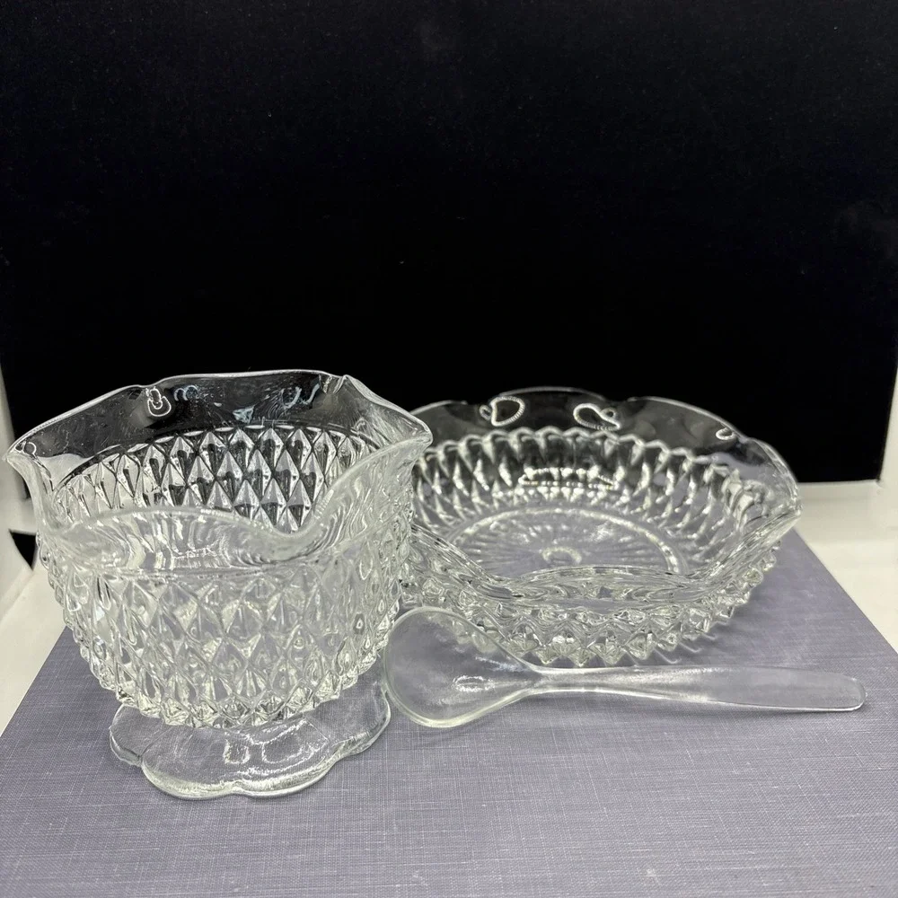 VINTAGE INDIANA GLASS‎ DIAMOND POINT 3 PC MAYO SAUCE SET IN THE BOX